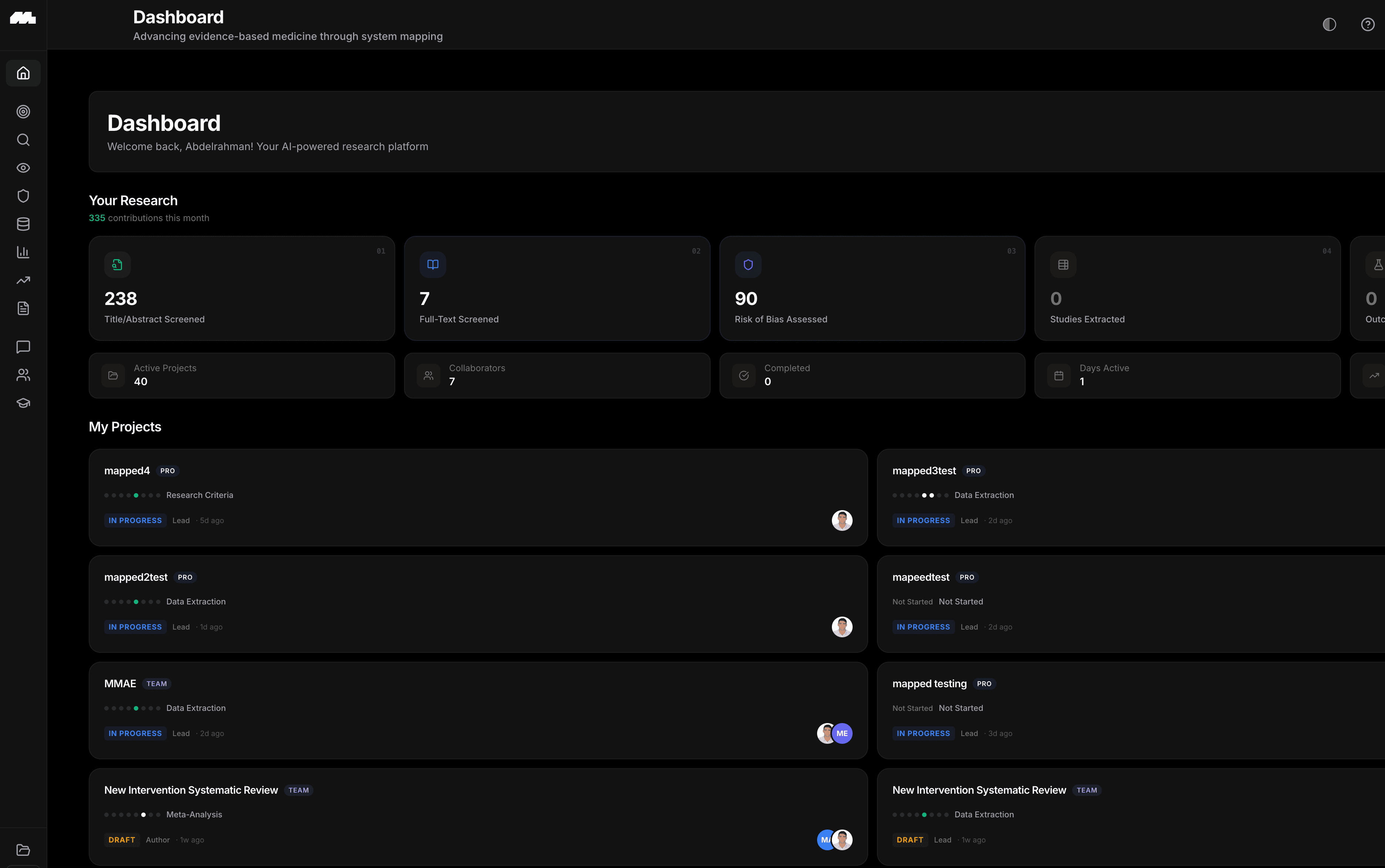 mapped dashboard showing systematic review projects and research statistics