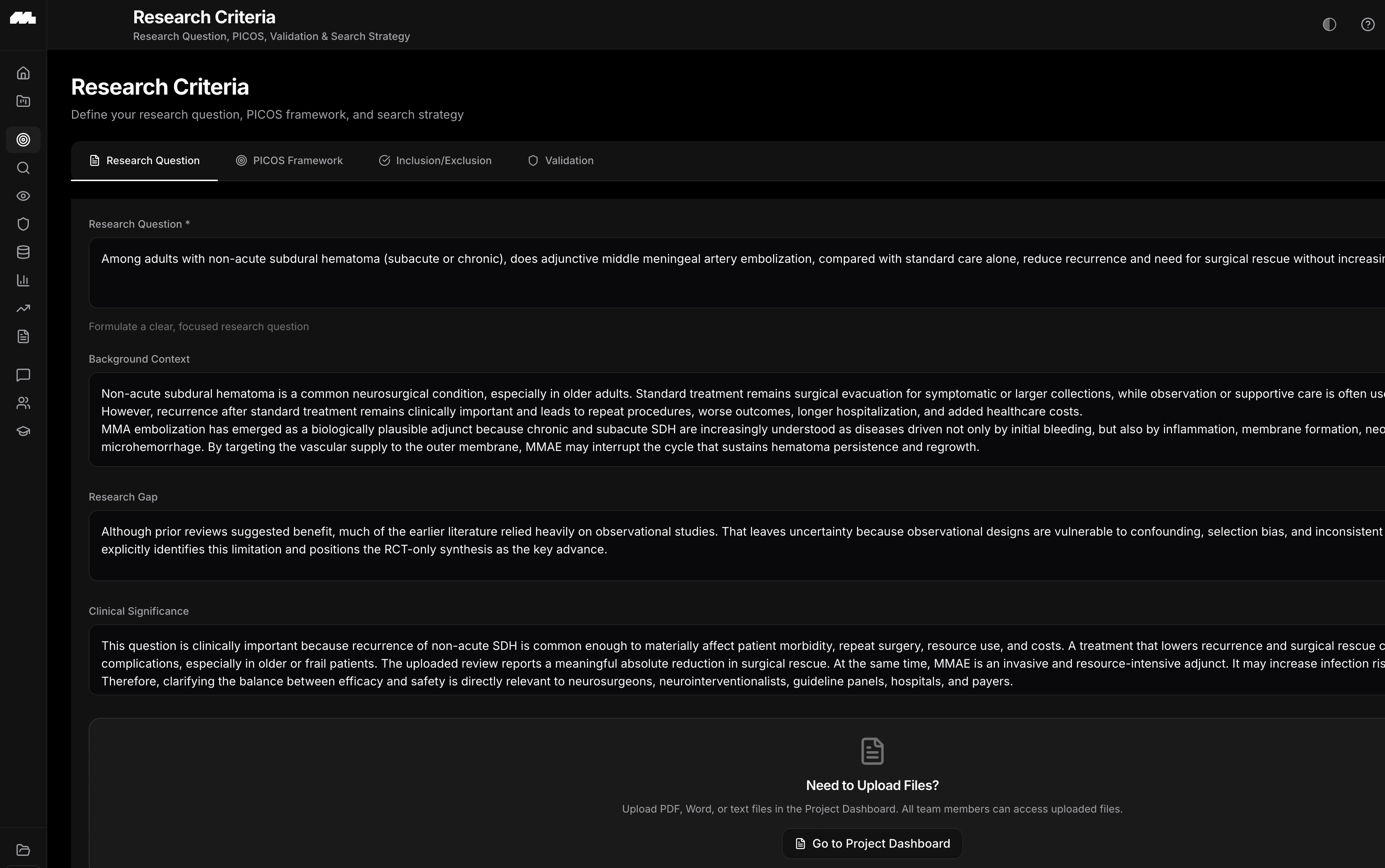Research Criteria — Define your question with AI-assisted validation and get a mapped VALIDATION score.